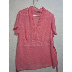 Notations Woman Pink Dotted Sheer V-Neck Short Sleeve Top Plus Size 1X